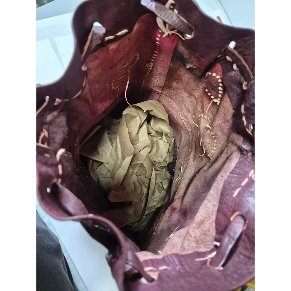 Vintage Handmade Leather Fringe Medicine Bag Drawstring Pouch Burgundy Boho